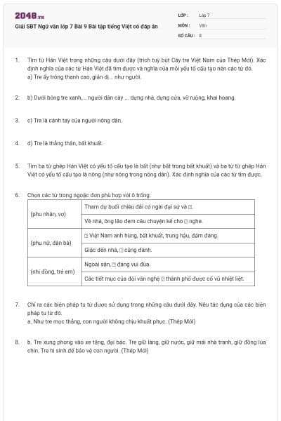 Giải SBT Ngữ văn lớp 7 Bài 9 Bài tập tiếng Việt có đáp án