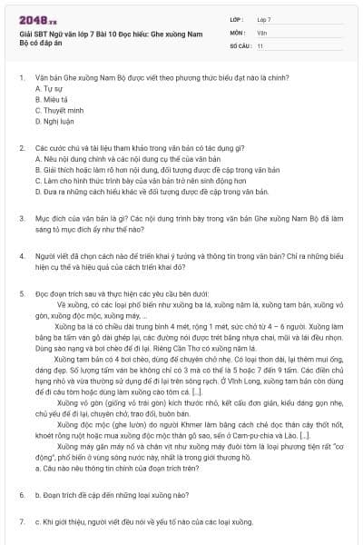 Giải SBT Ngữ văn lớp 7 Bài 10 Đọc hiểu: Ghe xuồng Nam Bộ có đáp án