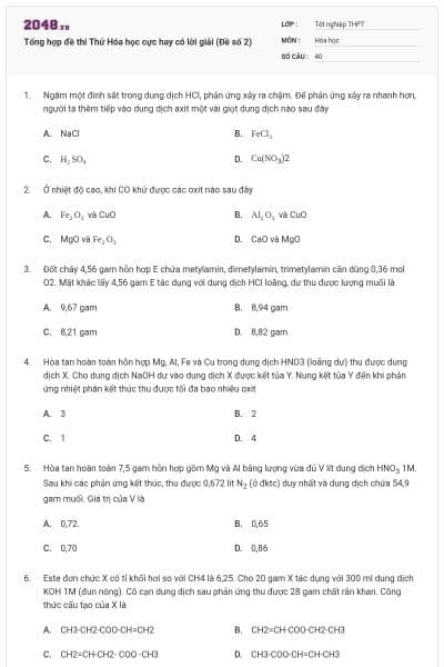 Tổng hợp đề thi Thử Hóa học cực hay có lời giải (Đề số 2)