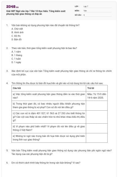 Giải SBT Ngữ văn lớp 7 Bài 10 Đọc hiểu: Tổng kiểm soát phương tiện giao thông có đáp án