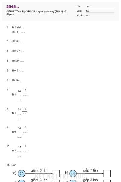 Giải SBT Toán lớp 3 Bài 29: Luyện tập chung (Tiết 1) có đáp án