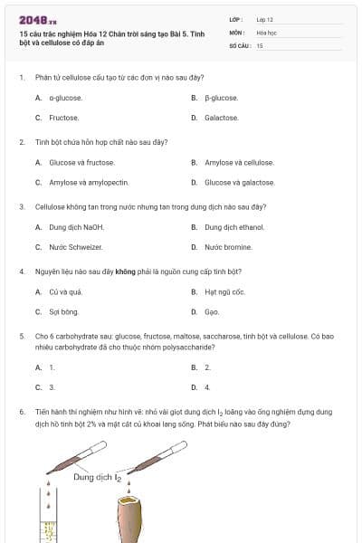 15 câu trắc nghiệm Hóa 12 Chân trời sáng tạo Bài 5. Tinh bột và cellulose có đáp án