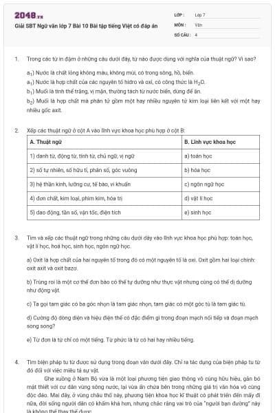 Giải SBT Ngữ văn lớp 7 Bài 10 Bài tập tiếng Việt có đáp án