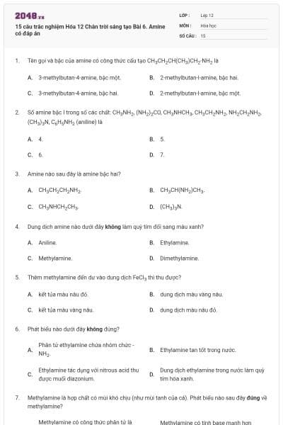 15 câu trắc nghiệm Hóa 12 Chân trời sáng tạo Bài 6. Amine có đáp án