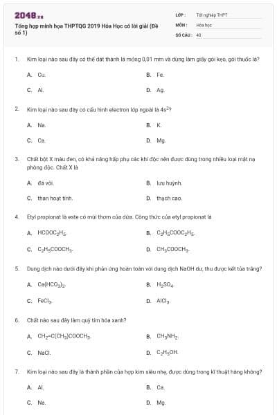Tổng hợp minh họa THPTQG 2019 Hóa Học có lời giải (Đề số 1)