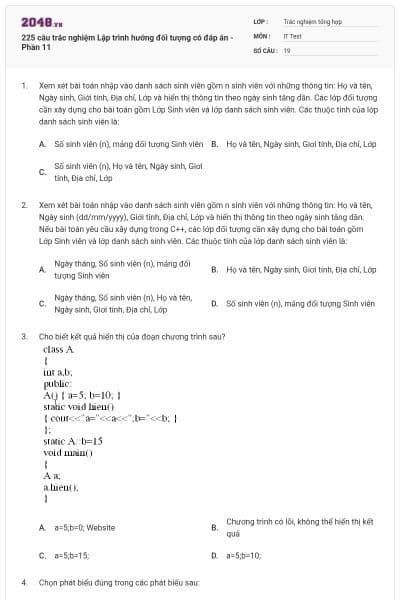 225 câu trắc nghiệm Lập trình hướng đối tượng có đáp án - Phần 11