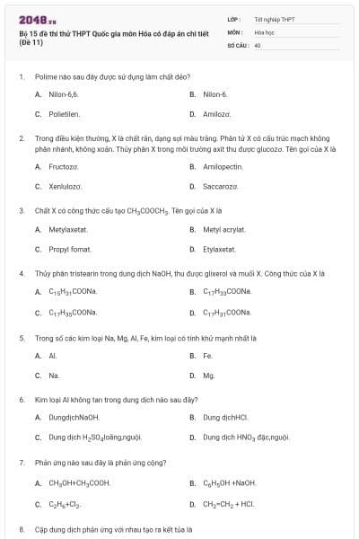 Bộ 15 đề thi thử THPT Quốc gia môn Hóa có đáp án chi tiết (Đề 11)