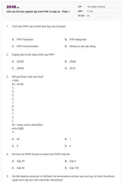 250 câu hỏi trắc nghiệm lập trình PHP có đáp án - Phần 1