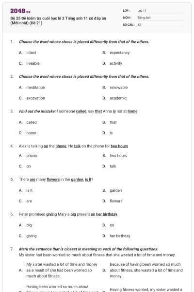 Bộ 25 Đề kiểm tra cuối học kì 2 Tiếng anh 11 có đáp án (Mới nhất) (Đề 21)