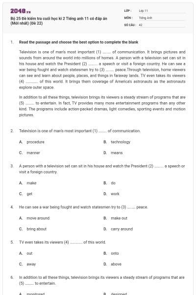 Bộ 25 Đề kiểm tra cuối học kì 2 Tiếng anh 11 có đáp án (Mới nhất) (Đề 22)
