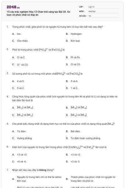 15 câu trắc nghiệm Hóa 12 Chân trời sáng tạo Bài 20. Sơ lược về phức chất có đáp án