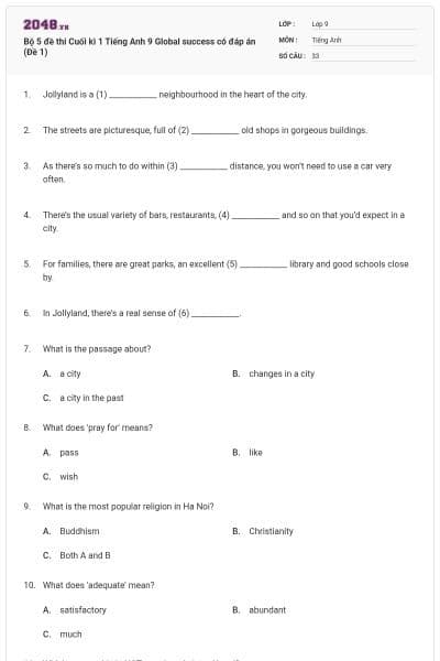 Bộ 5 đề thi Cuối kì 1 Tiếng Anh 9 Global success có đáp án (Đề 1)