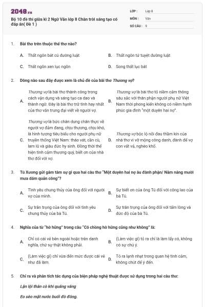 Bộ 10 đề thi giữa kì 2 Ngữ Văn lớp 8 Chân trời sáng tạo có đáp án( Đề 1 )