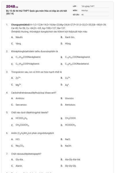Bộ 15 đề thi thử THPT Quốc gia môn Hóa có đáp án chi tiết (Đề 14)