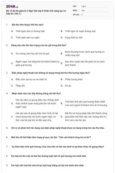 Bộ 10 đề thi giữa kì 2 Ngữ Văn lớp 8 Chân trời sáng tạo có đáp án ( Đề 2 )