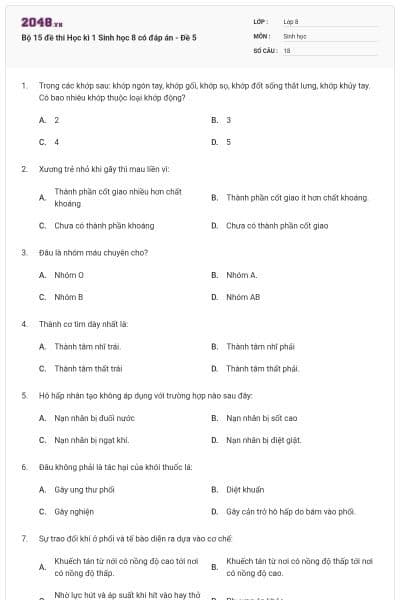 Bộ 15 đề thi Học kì 1 Sinh học 8 có đáp án - Đề 5