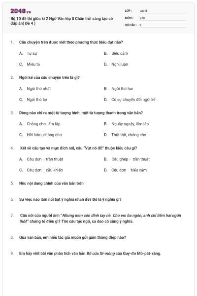 Bộ 10 đề thi giữa kì 2 Ngữ Văn lớp 8 Chân trời sáng tạo có đáp án( Đề 4 )