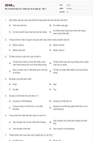 Bộ 15 đề thi Học kì 1 Sinh học 8 có đáp án - Đề 7
