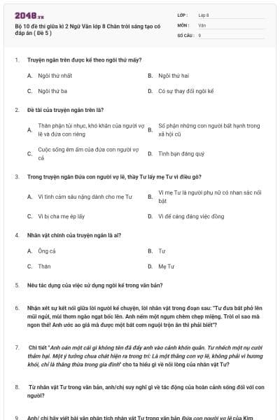 Bộ 10 đề thi giữa kì 2 Ngữ Văn lớp 8 Chân trời sáng tạo có đáp án ( Đề 5 )