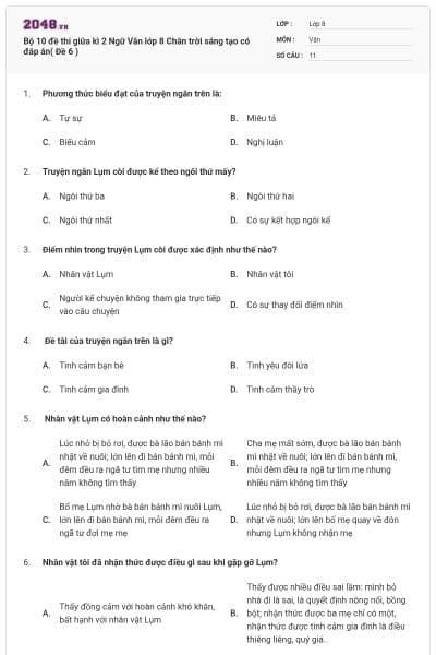 Bộ 10 đề thi giữa kì 2 Ngữ Văn lớp 8 Chân trời sáng tạo có đáp án( Đề 6 )