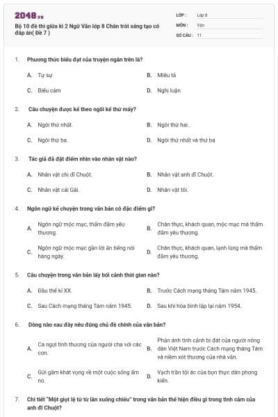 Bộ 10 đề thi giữa kì 2 Ngữ Văn lớp 8 Chân trời sáng tạo có đáp án( Đề 7 )