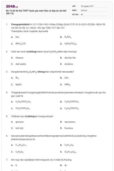 Bộ 15 đề thi thử THPT Quốc gia môn Hóa có đáp án chi tiết (Đề 15)
