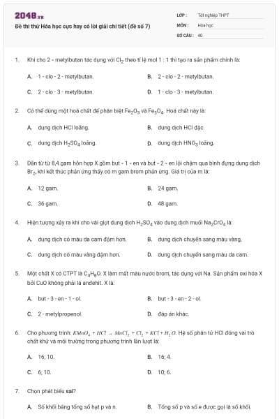 Đề thi thử Hóa học cực hay có lời giải chi tiết (đề số 7)