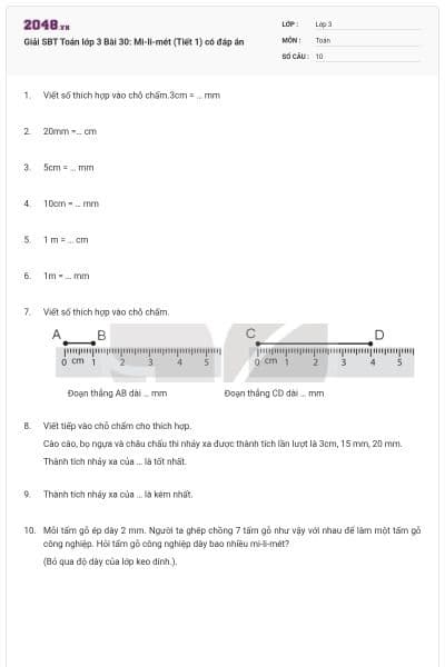 Giải SBT Toán lớp 3 Bài 30: Mi-li-mét (Tiết 1) có đáp án