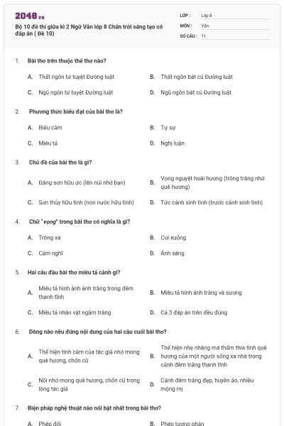 Bộ 10 đề thi giữa kì 2 Ngữ Văn lớp 8 Chân trời sáng tạo có đáp án ( Đề 10)
