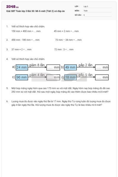 Giải SBT Toán lớp 3 Bài 30: Mi-li-mét (Tiết 2) có đáp án