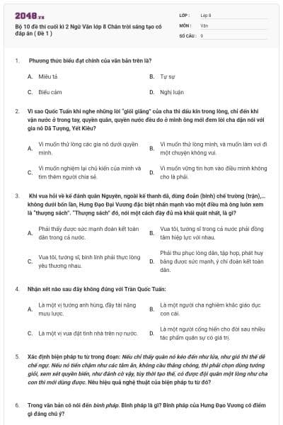 Bộ 10 đề thi cuối kì 2 Ngữ Văn lớp 8 Chân trời sáng tạo có đáp án ( Đề 1 )