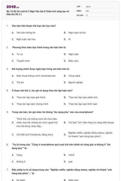 Bộ 10 đề thi cuối kì 2 Ngữ Văn lớp 8 Chân trời sáng tạo có đáp án( Đề 2 )