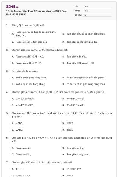 15 câu Trắc nghiệm Toán 7 Chân trời sáng tạo Bài 3: Tam giác cân có đáp án