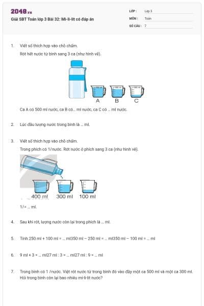 Giải SBT Toán lớp 3 Bài 32: Mi-li-lit có đáp án