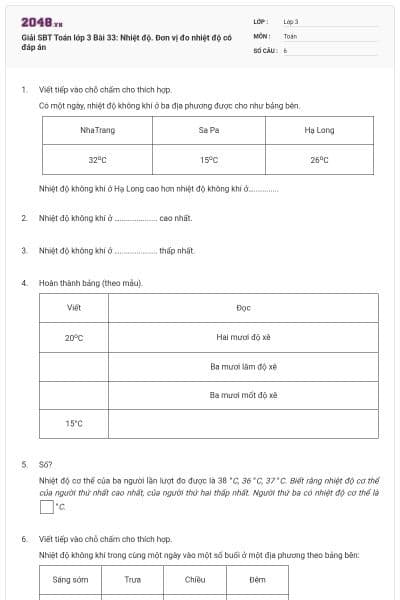 Giải SBT Toán lớp 3 Bài 33: Nhiệt độ. Đơn vị đo nhiệt độ có đáp án