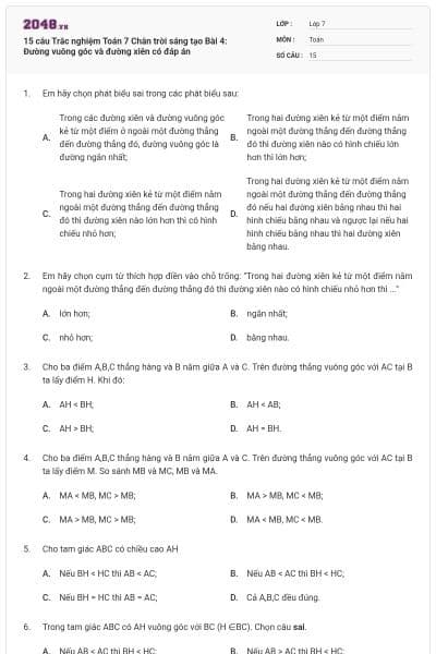 15 câu Trắc nghiệm Toán 7 Chân trời sáng tạo Bài 4: Đường vuông góc và đường xiên có đáp án
