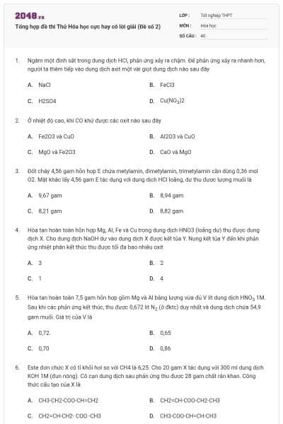Tổng hợp đề thi Thử Hóa học cực hay có lời giải (Đề số 2)