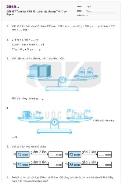 Giải SBT Toán lớp 3 Bài 35: Luyện tập chung (Tiết 1) có đáp án
