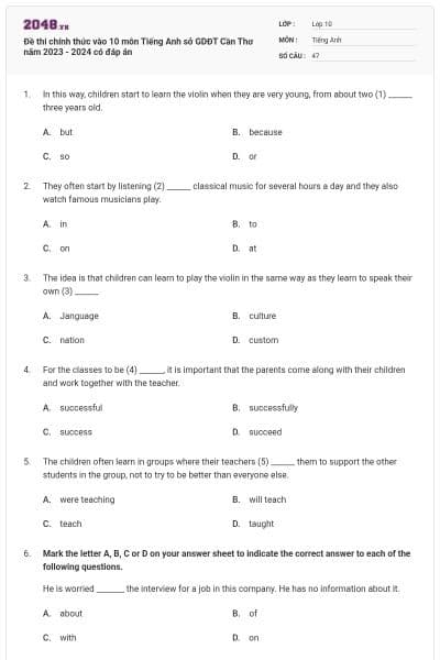 Đề thi chính thức vào 10 môn Tiếng Anh sở GDĐT Cần Thơ năm 2023 - 2024 có đáp án