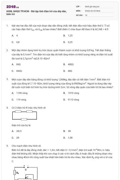 ĐGNL ĐHQG TP.HCM - Bài tập tính điện trở của dây dẫn, biến trở