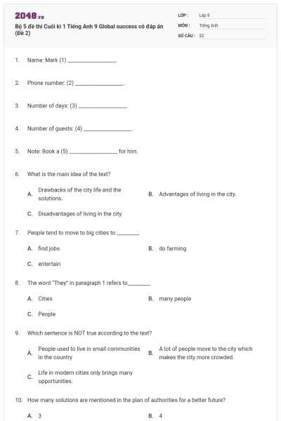 Bộ 5 đề thi Cuối kì 1 Tiếng Anh 9 Global success có đáp án (Đề 2)