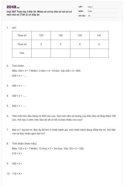 Giải SBT Toán lớp 3 Bài 36: Nhân số có ba chữ số với số có một chữ số (Tiết 2) có đáp án