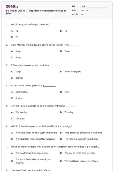 Bộ 5 đề thi Cuối kì 1 Tiếng Anh 9 Global success có đáp án (Đề 4)
