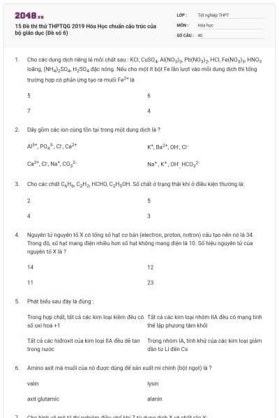 15 Đề thi thử THPTQG 2019 Hóa Học chuẩn cấu trúc của bộ giáo dục (Đề số 6)