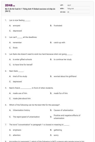 Bộ 5 đề thi Cuối kì 1 Tiếng Anh 9 Global success có đáp án (Đề 5)