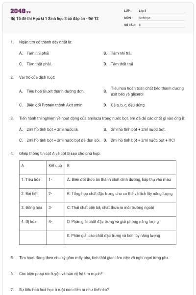 Bộ 15 đề thi Học kì 1 Sinh học 8 có đáp án - Đề 12
