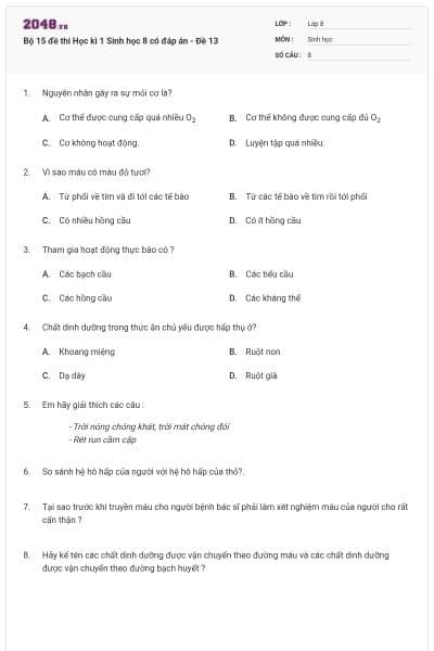 Bộ 15 đề thi Học kì 1 Sinh học 8 có đáp án - Đề 13