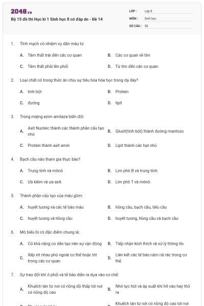 Bộ 15 đề thi Học kì 1 Sinh học 8 có đáp án - Đề 14
