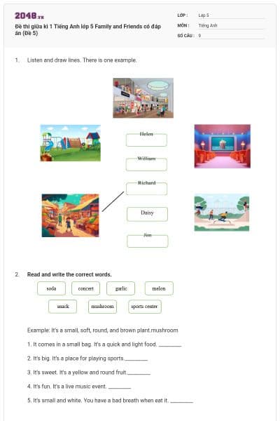 Đề thi giữa kì 1 Tiếng Anh lớp 5 Family and Friends có đáp án (Đề 5)