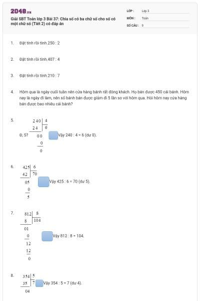 Giải SBT Toán lớp 3 Bài 37: Chia số có ba chữ số cho số có một chữ số (Tiết 2) có đáp án